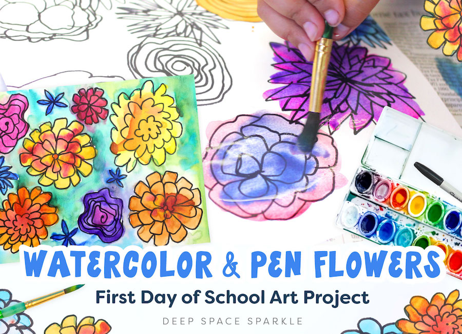 Watercolor & Pen Flowers, Easy First Day of School Art Project