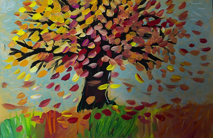 Fall Rock Painting Tutorial: Autumn Tree with Falling Leaves - I