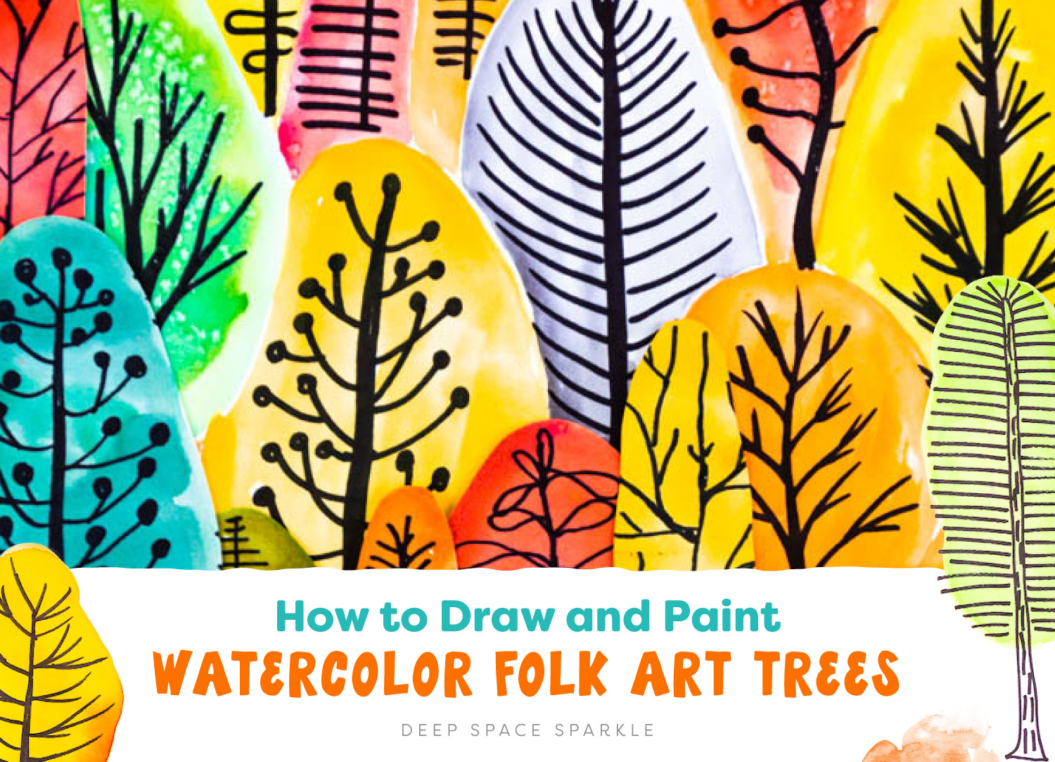 How to Draw and Paint Watercolor Folk Art Trees | Deep Space Sparkle